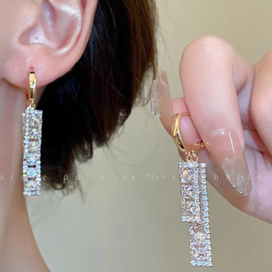 Light Luxury Temperament Geometric Zircon Tassel Design High-grade Earrings