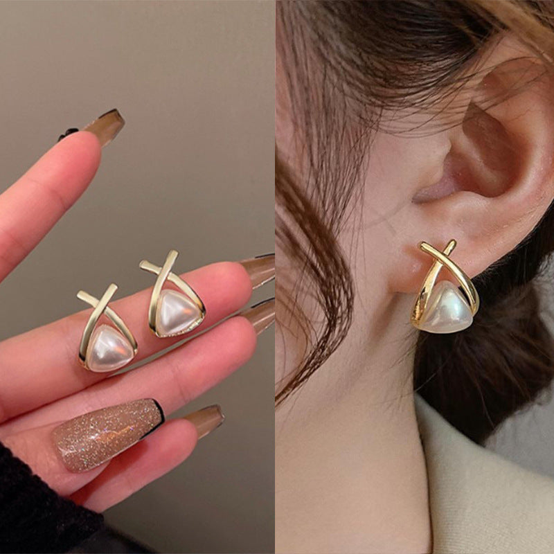 Metal Cross Pearl Light Luxury High-grade Elegant Minority Design Earrings