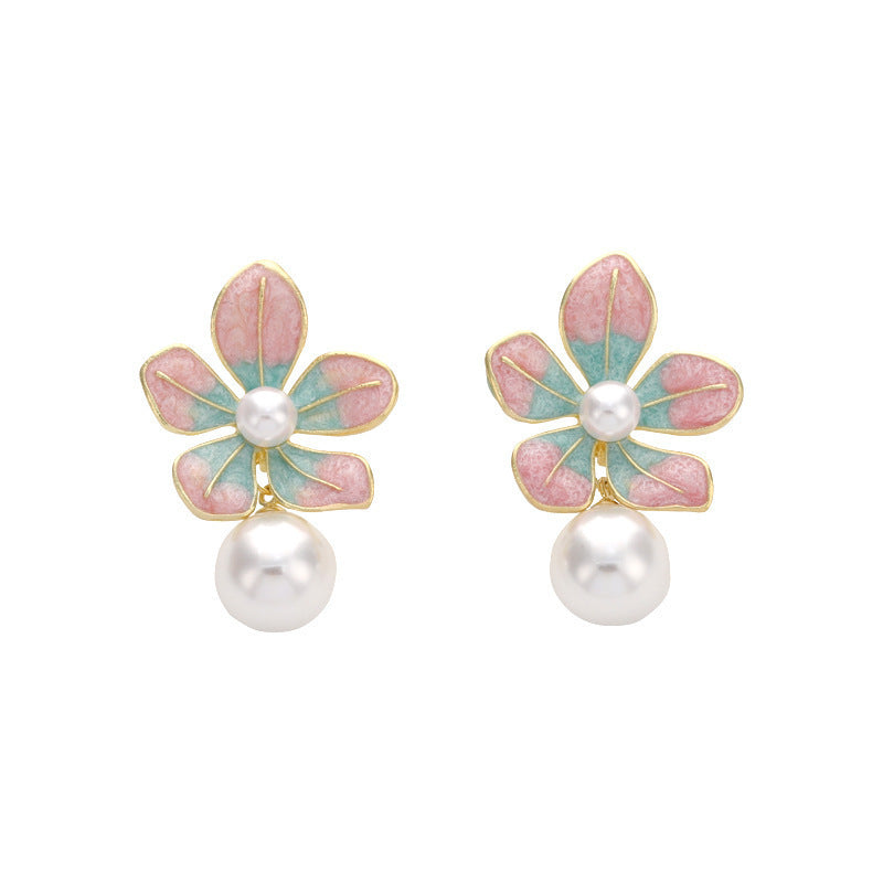 Women's Fragrant Gold High-grade Retro Blue Pink Flower Ear Fashion Simple Earrings