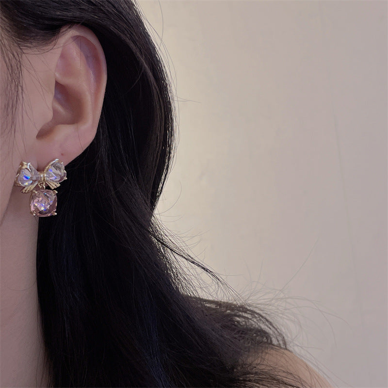 Luxury Bowknot Flower Square Pink Zircon Earrings