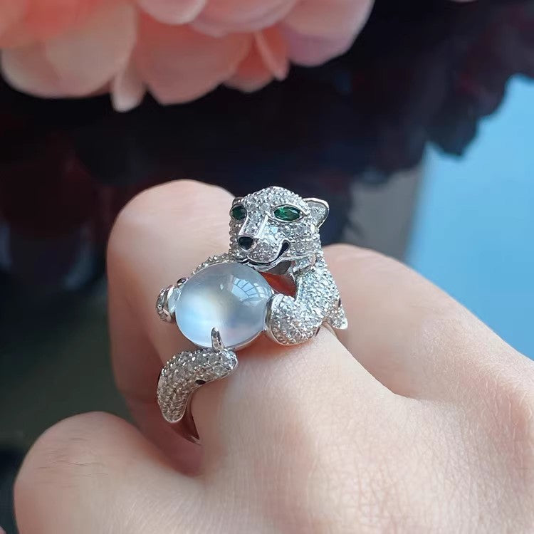 Women's Natural Chalcedony Jade Leopard Agate Head Light Luxury Temperament Jewelry Set