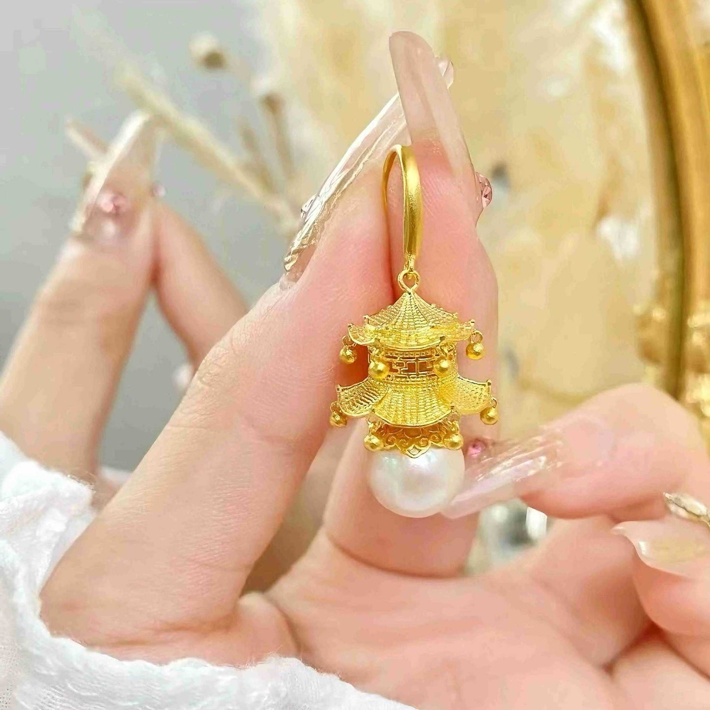 Alluvial Gold Palace Style Hexagonal Loft Pearl Earrings