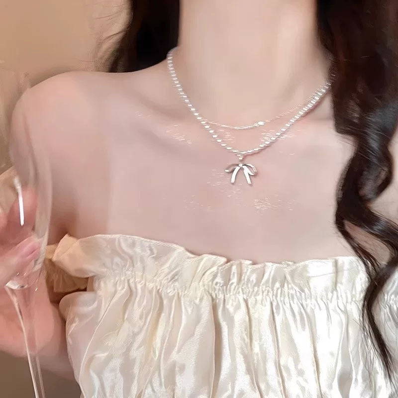 Bead Bow Double Layer Twin Female Light Luxury Minority Clavicle Necklace