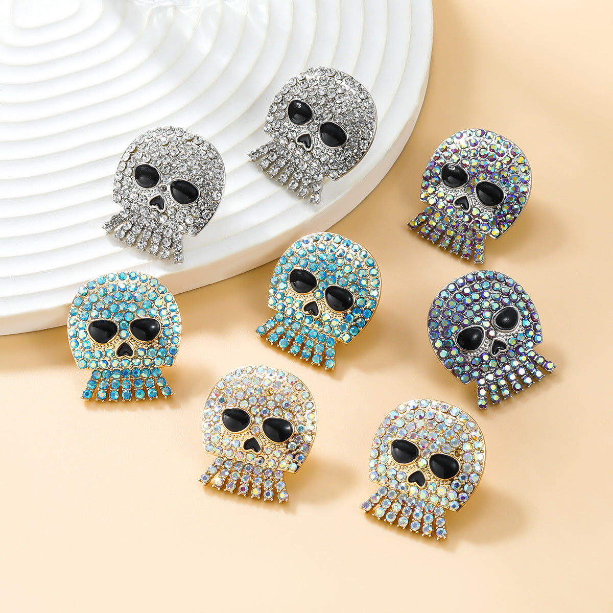 Halloween Skull Female Exaggerated Alloy Rhinestone Funny Earrings