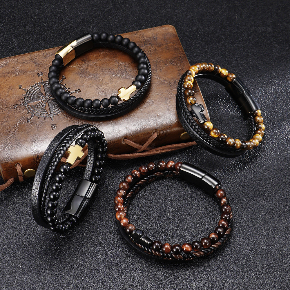 Men's Stainless Steel Natural Tiger Eye Agate Stone Cross Bracelets