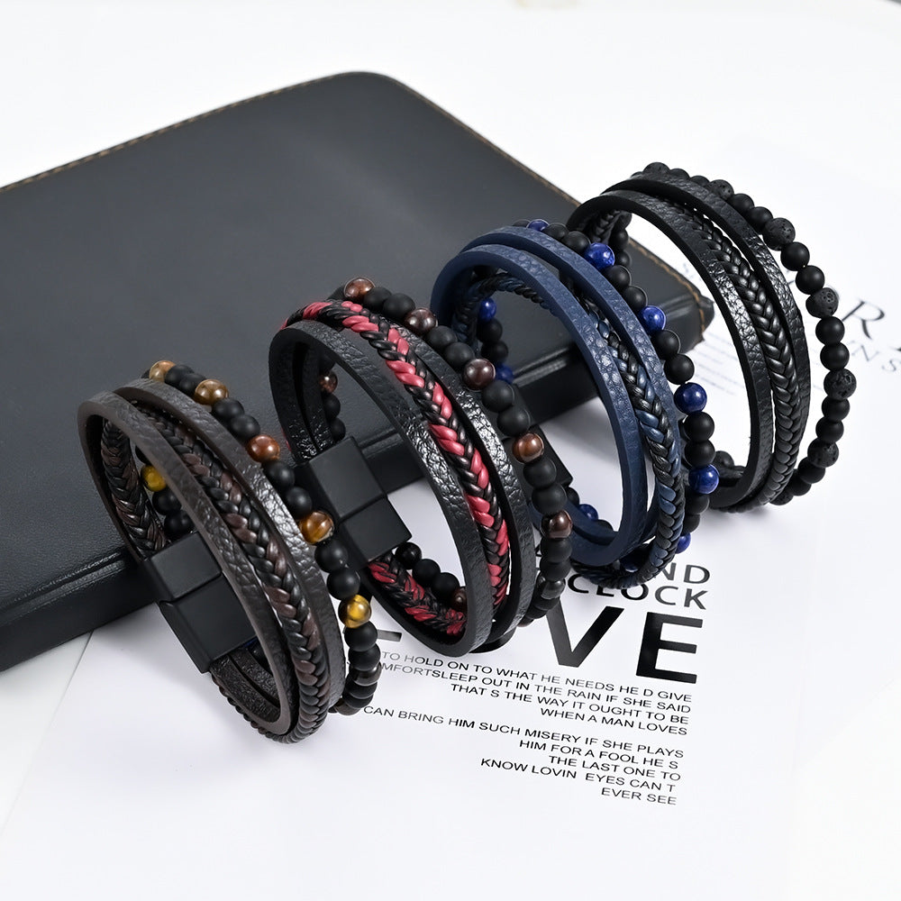 Men's Woven Natural Stone Alloy Leather Beaded Bracelets