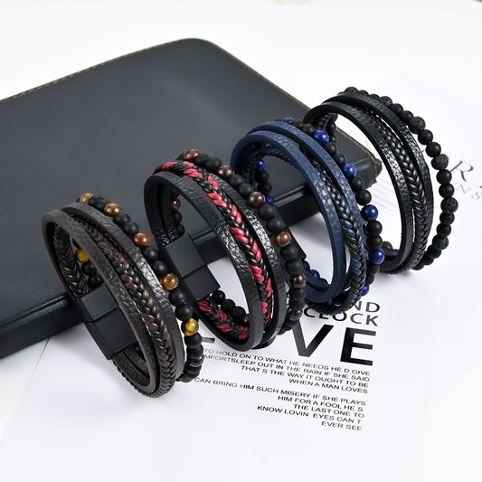 Men's Woven Natural Stone Alloy Leather Beaded Bracelets