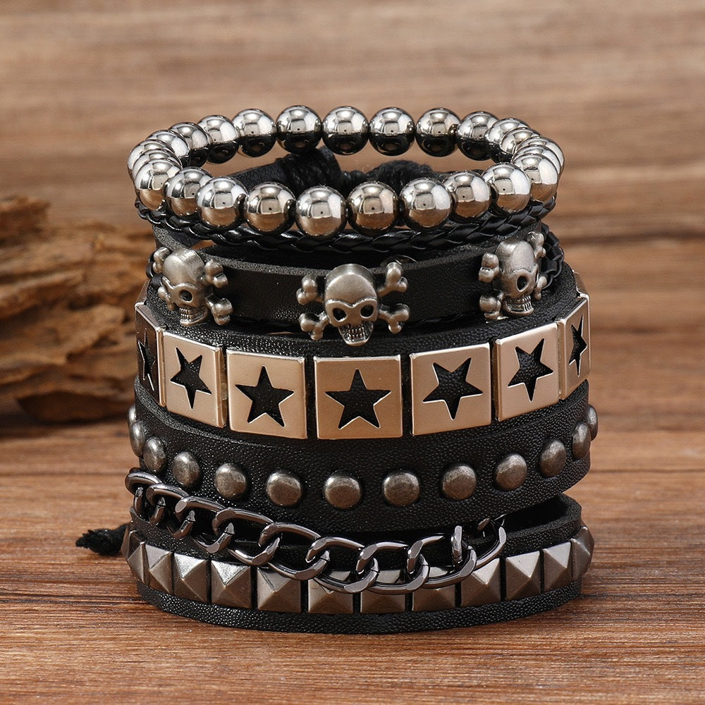 Punk Exaggerated Tapered Pointed Rivet Three Rows Leather Bracelets