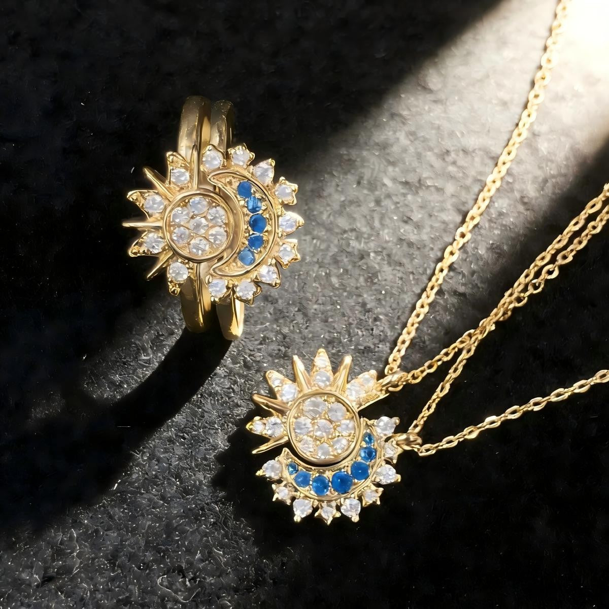 Affordable Luxury Fashion Sun Moon Diamond Star Theme Blue Embellishment Jewelry Set