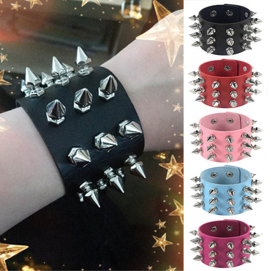 Punk Exaggerated Leather Tapered Pointed Rivet Three Bracelets