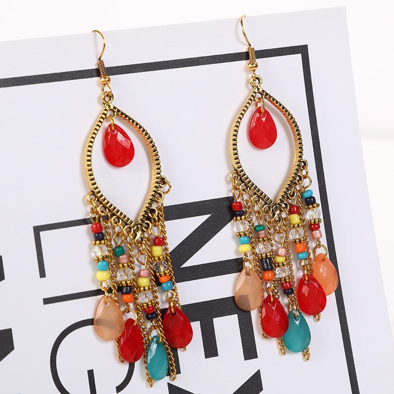 Ethnic Style Tassel Long Bohemian Crystal Yunnan Summer Earrings