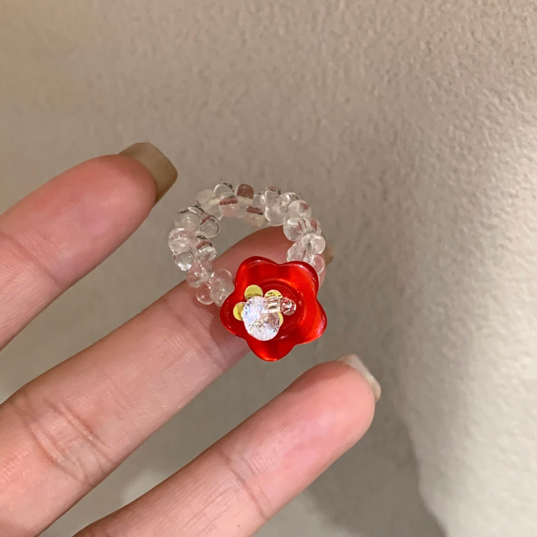 Handmade Flower Button Fun Imported Elastic String Dopamine Color Ring