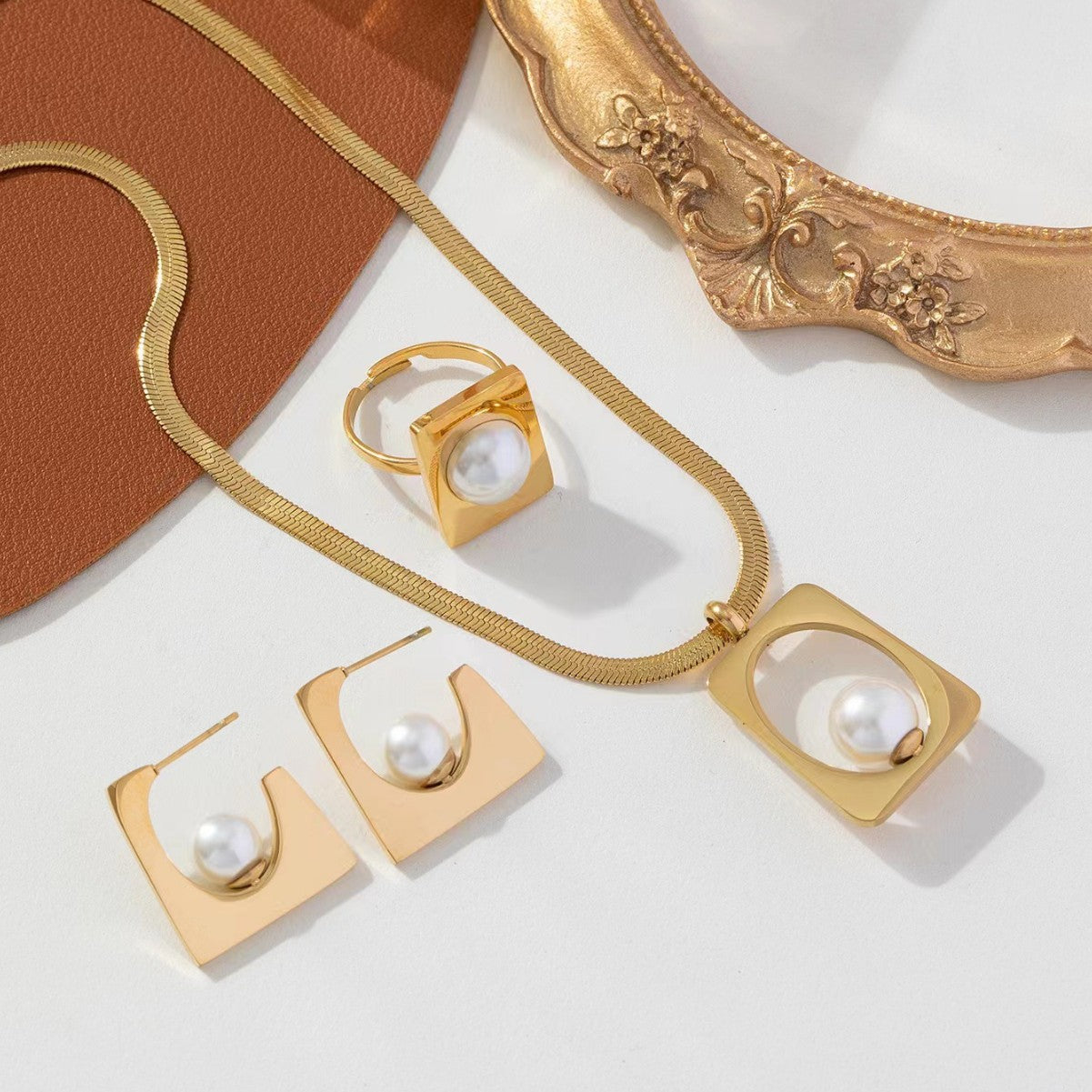 Geometric Square Pearl Titanium Steel No Jewelry Set
