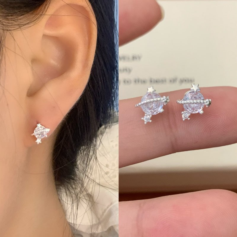 Wings Zircon Super Flash Niche Planet Small Ear Exquisite Light Rings