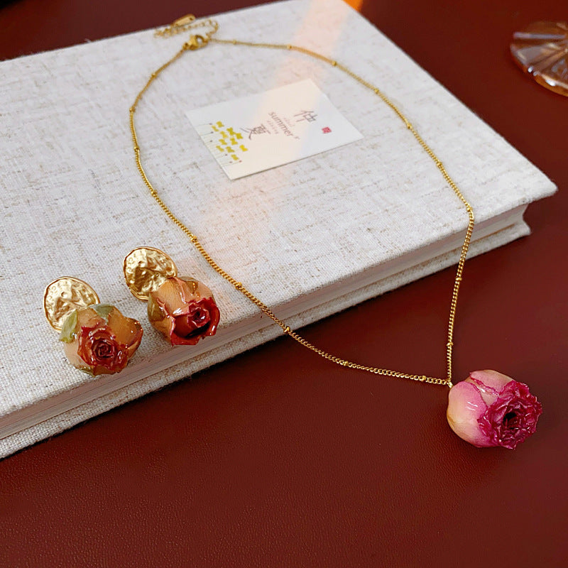Women's Retro Handmade Real Flower Eternal Bud Sier Pin Fashionable Elegant Rings