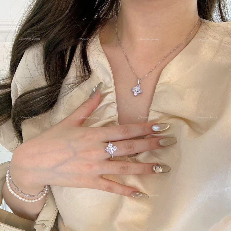 Women's Light Luxury Sweet Potato Purple Diamond Clover Jewelry Set