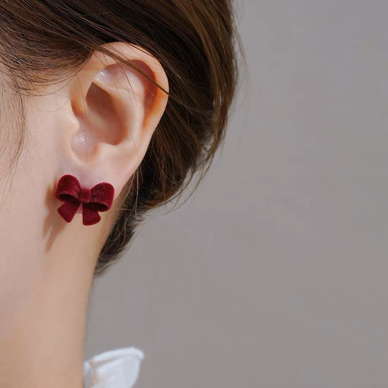 Sweet Red Veet Bow Korean Style Girlish Earrings