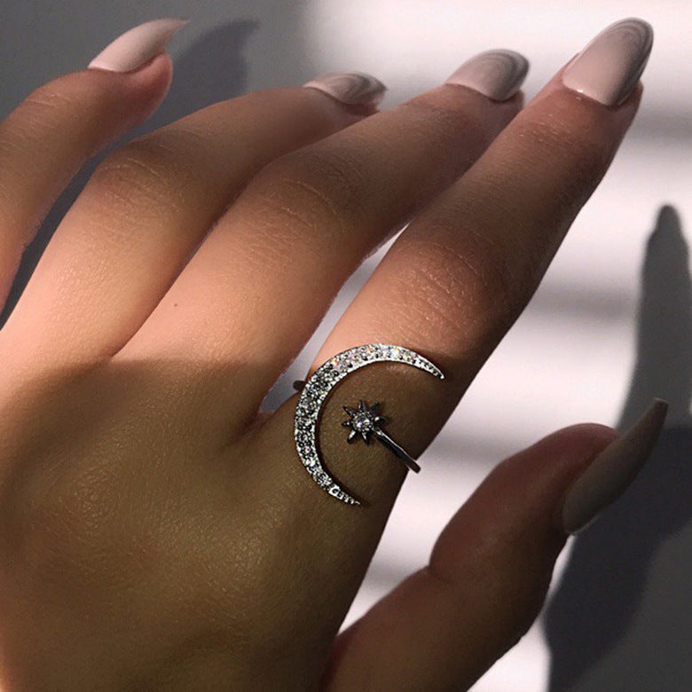Crescent Star Moon Plated Creative Exaggerating Open Ring