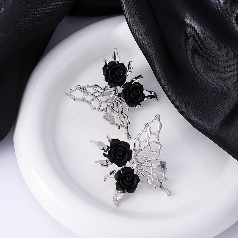 Rose Dark Gothic Hollow Butterfly Metal Earrings