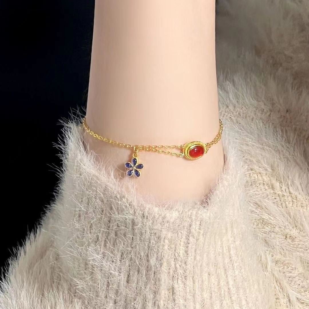 Wunderschöne natürliche Karneol-Armbänder mit kleinen blauen Blumen