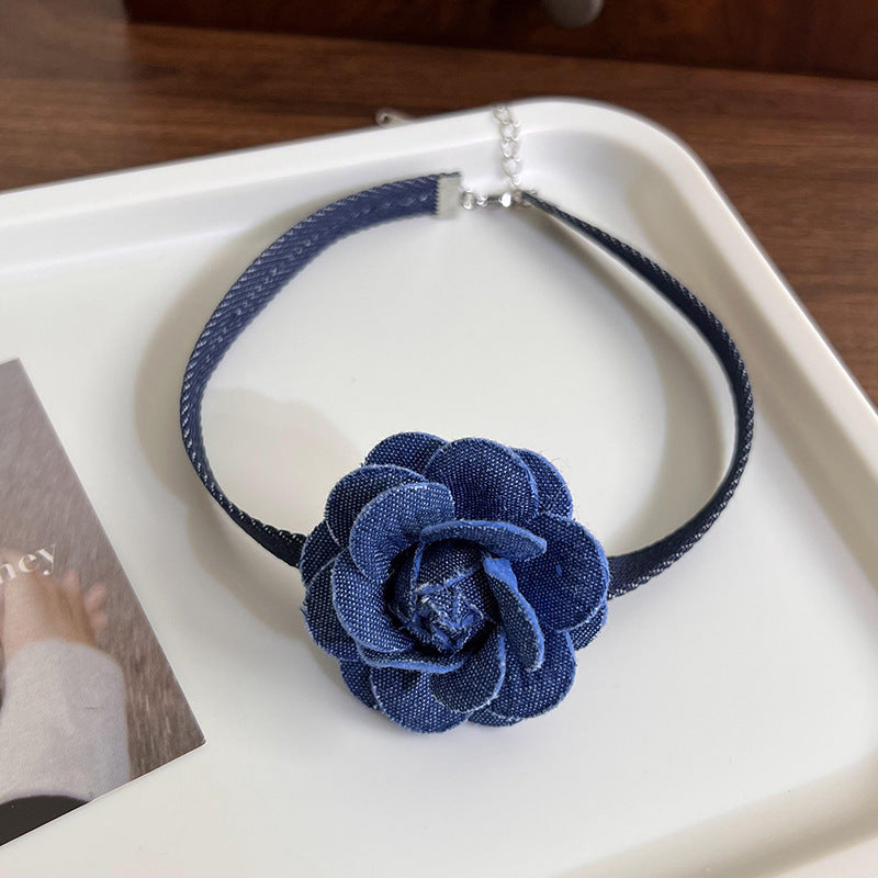 Retro Elegant Three-dimensional Denim Blue Flower Necklaces