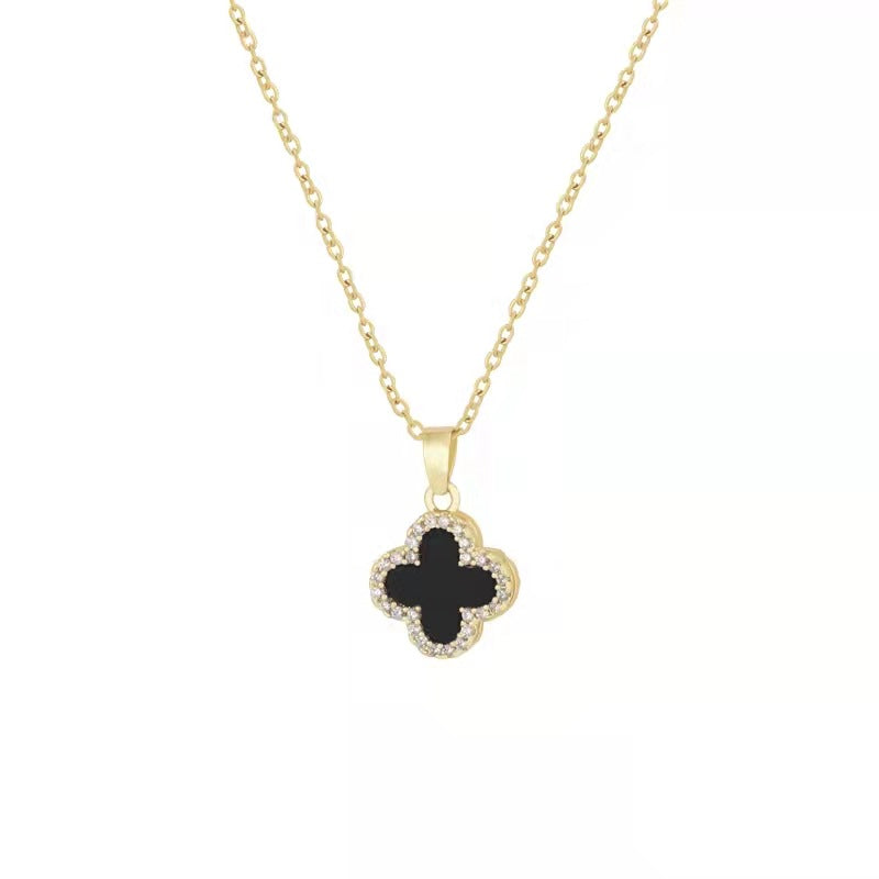 Women's Gold Diamond Clover Black And White Necklaces