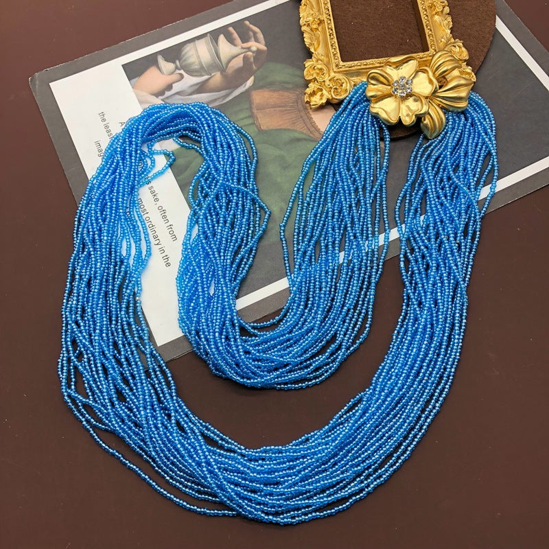 Blue Small Beads Diamond Flower Bead Necklaces