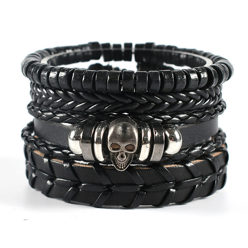 Handmade Woven Leather Punk Wristband Alloy Bracelets