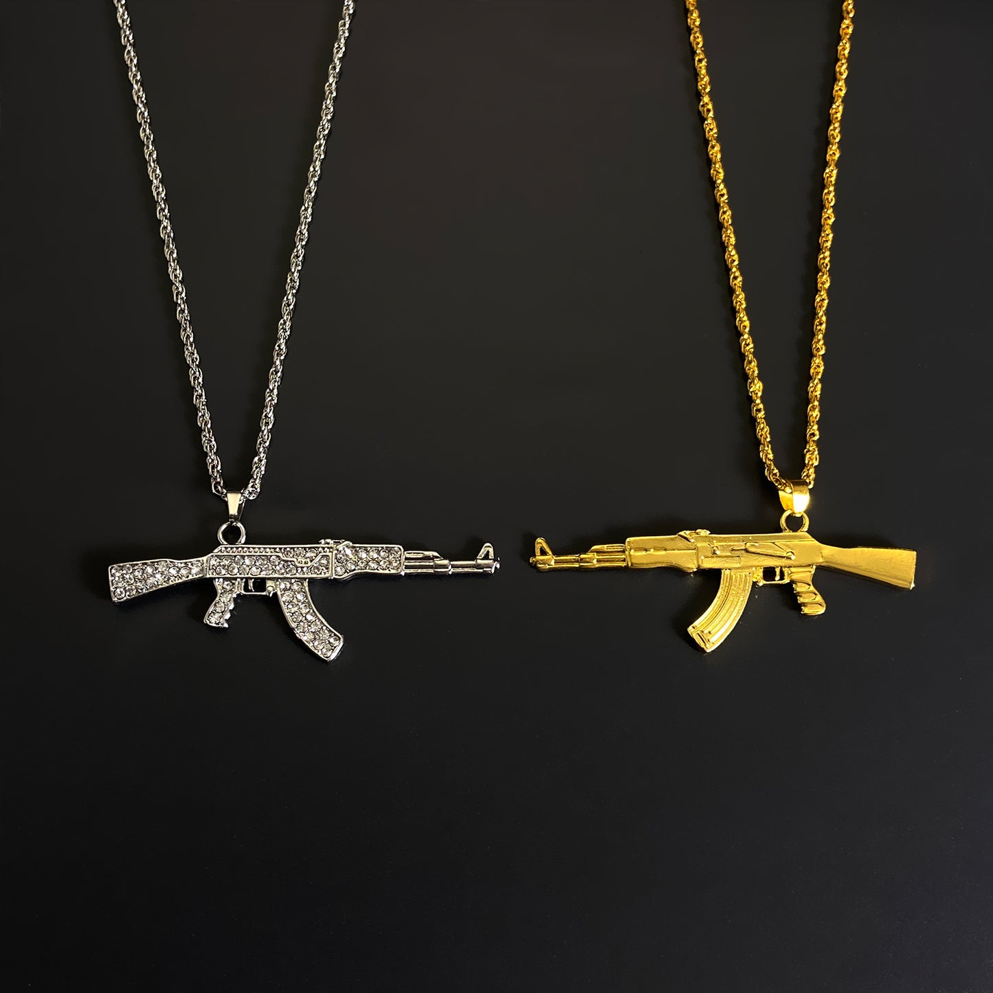 Colliers créatifs de pistolet-mitrailleur entièrement diamantés Hip Hop pour femmes et hommes