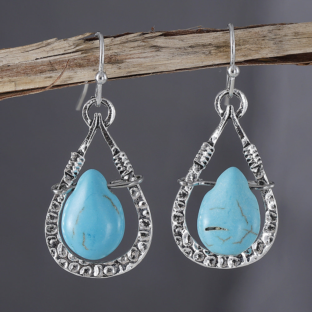 Simple Ethnic Style Hollow Turquoise Water Drop Bohemian Vacation Versatile Earrings