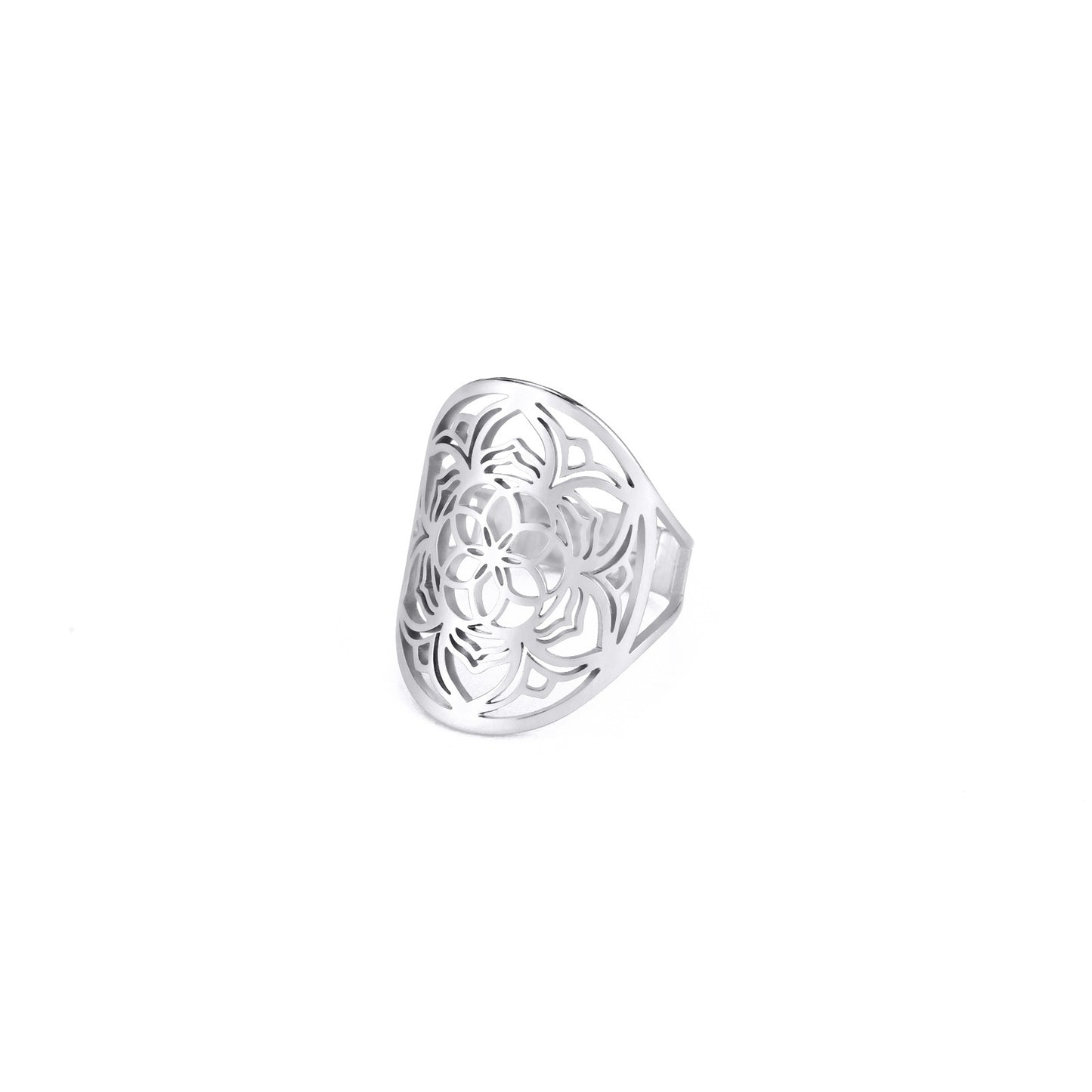 Small Titanium Steel Cut Hollow Exaggerated Hip Hop Hexapetalous Flowers Ring
