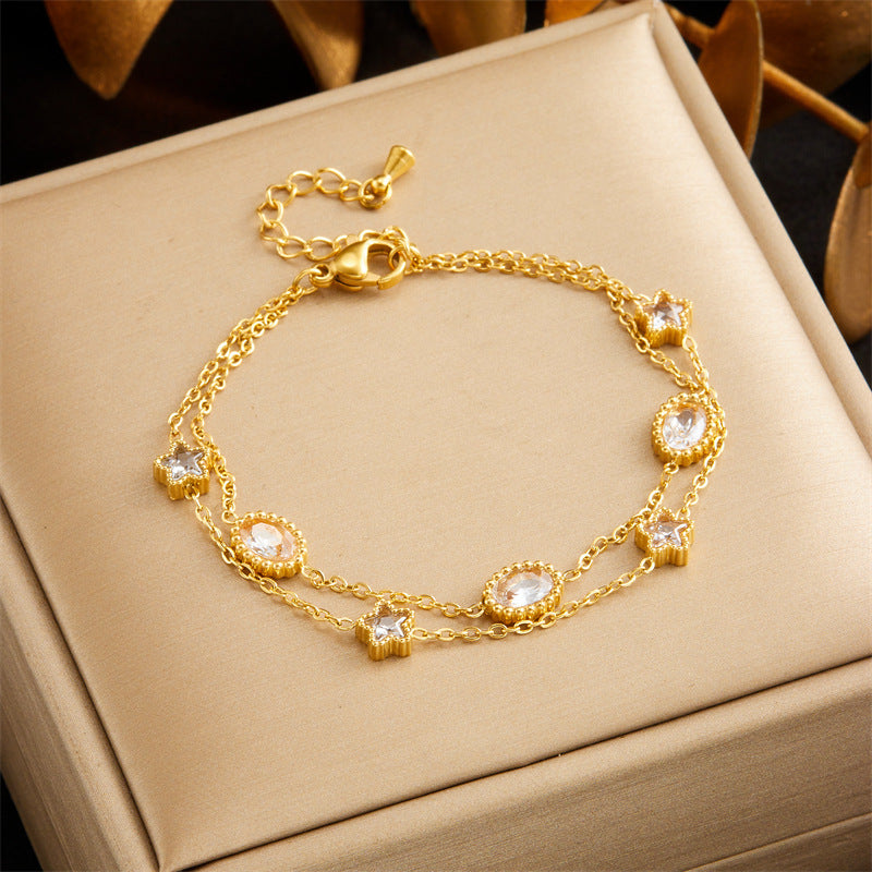 Fashion Twin Gold-plated Stainless Steel Chain Square Bracelet