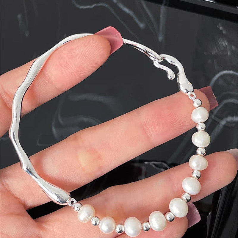 Women's Chain White Copper Sier Plated Natural Freshwater Pearl Bracelet