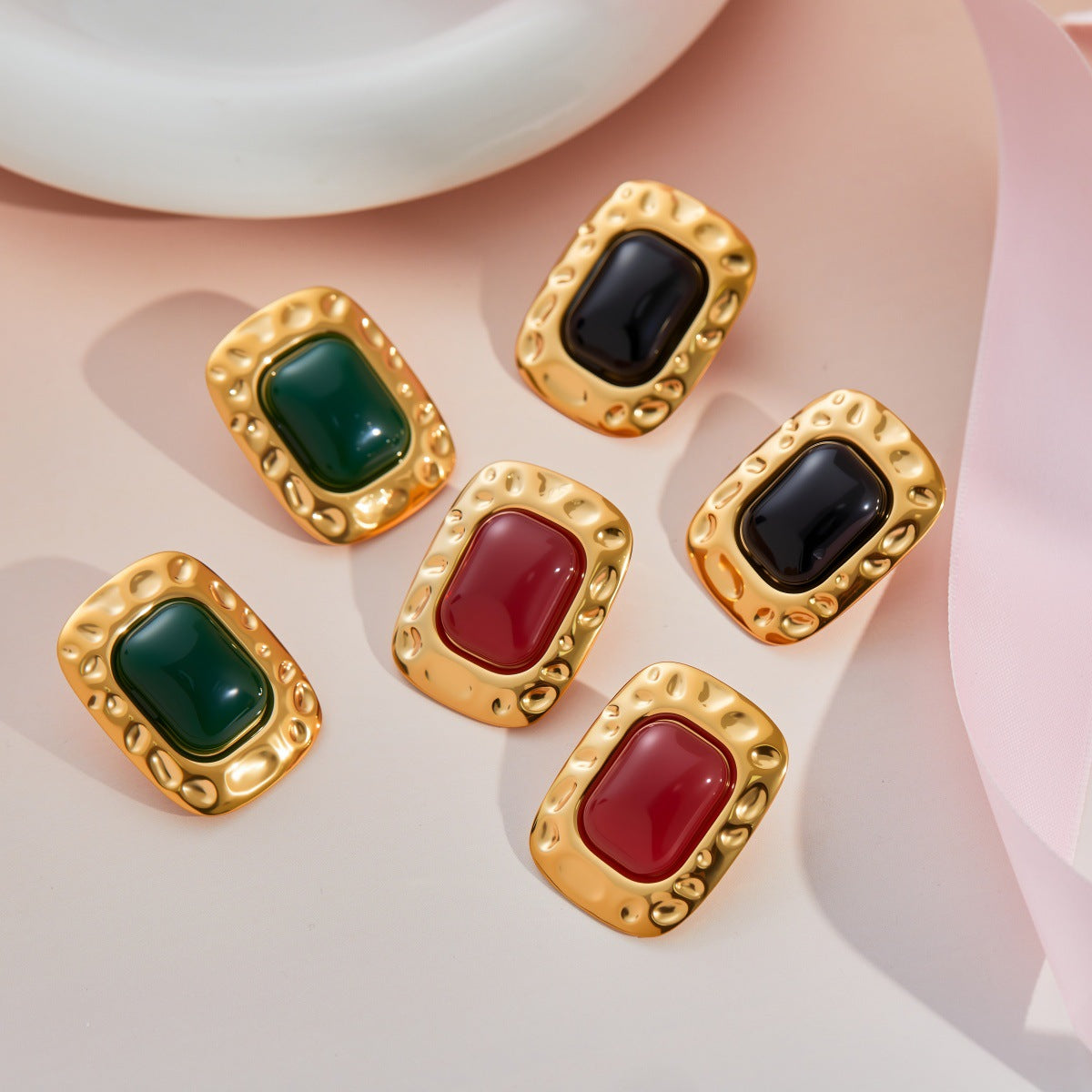 Women's Colored Gems Rectangular Hammered For Niche Earrings