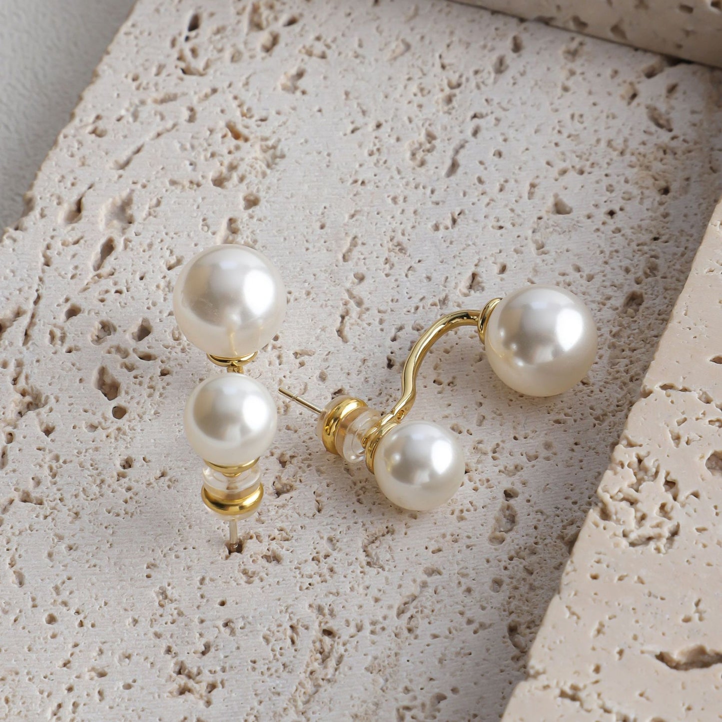 Women's Sier Pearl Double Beads Twin Elegant Earrings