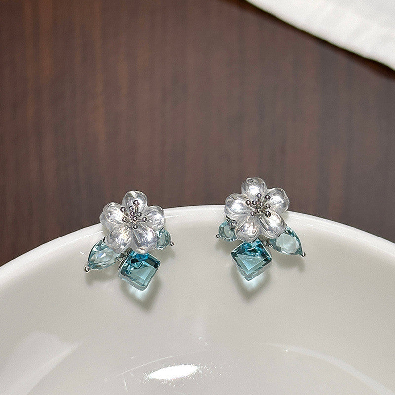 Women's Blue Flower Cube Sugar Rhinestone High-grade Crystal Clear Unique Light Earrings