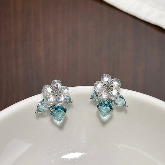 Women's Blue Flower Cube Sugar Rhinestone High-grade Crystal Clear Unique Light Earrings