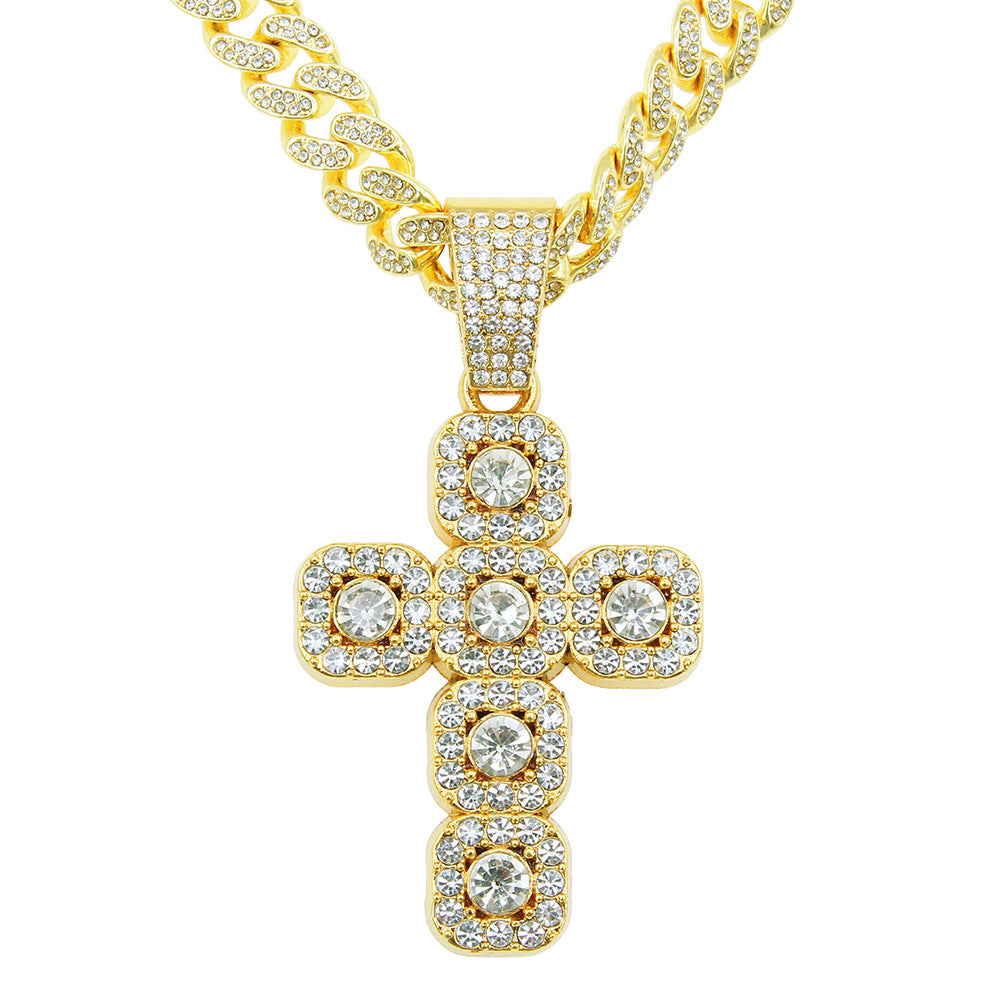 Men's Hop Full Diamond Cross Pendant Cuban Link Chain Necklaces