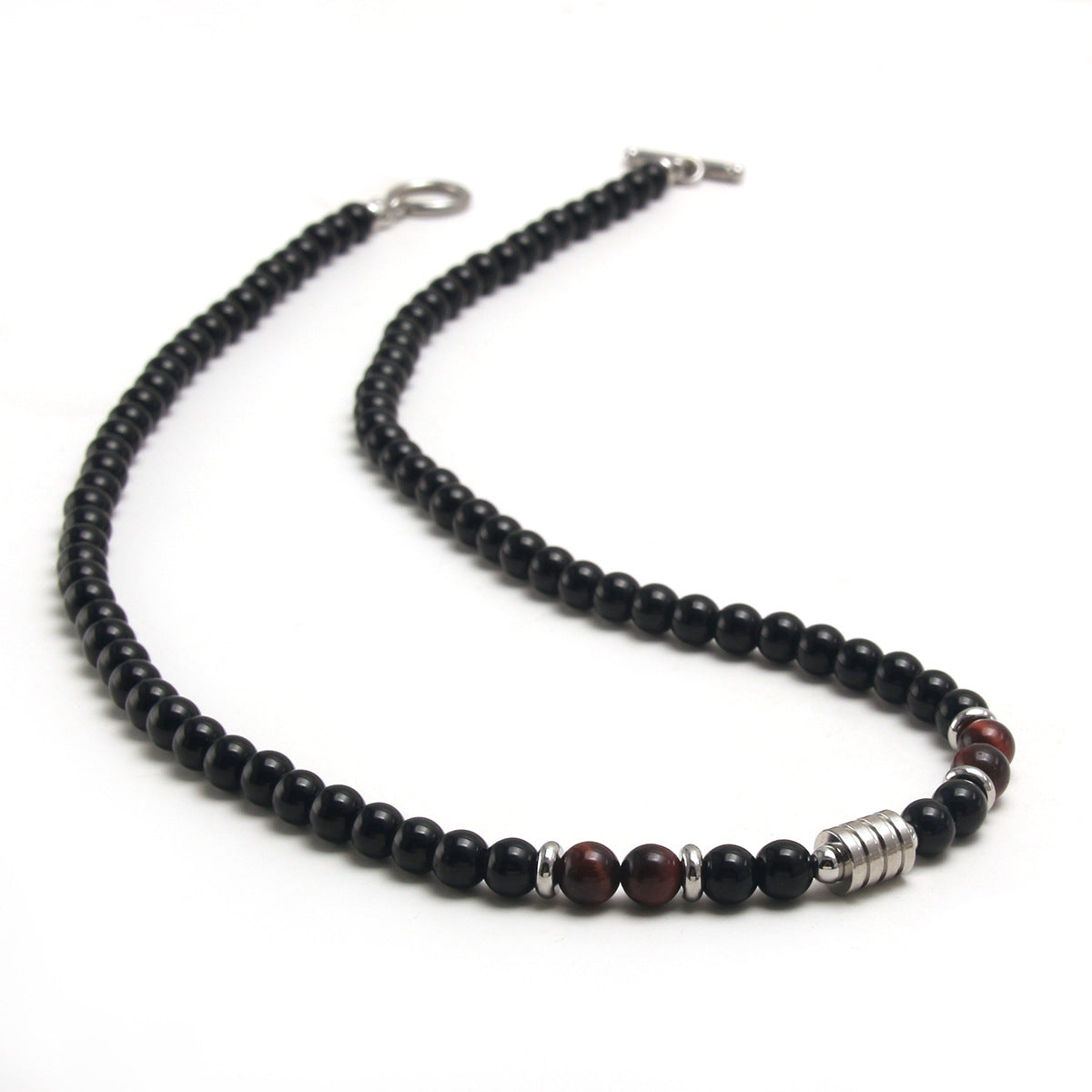 Steel Natural Tigereye Map Stone Obsidian Beaded Necklace