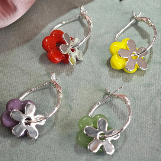 Fresh Dopamine Contrast Color Flower Ear Sweet Style Cute Heart Rings