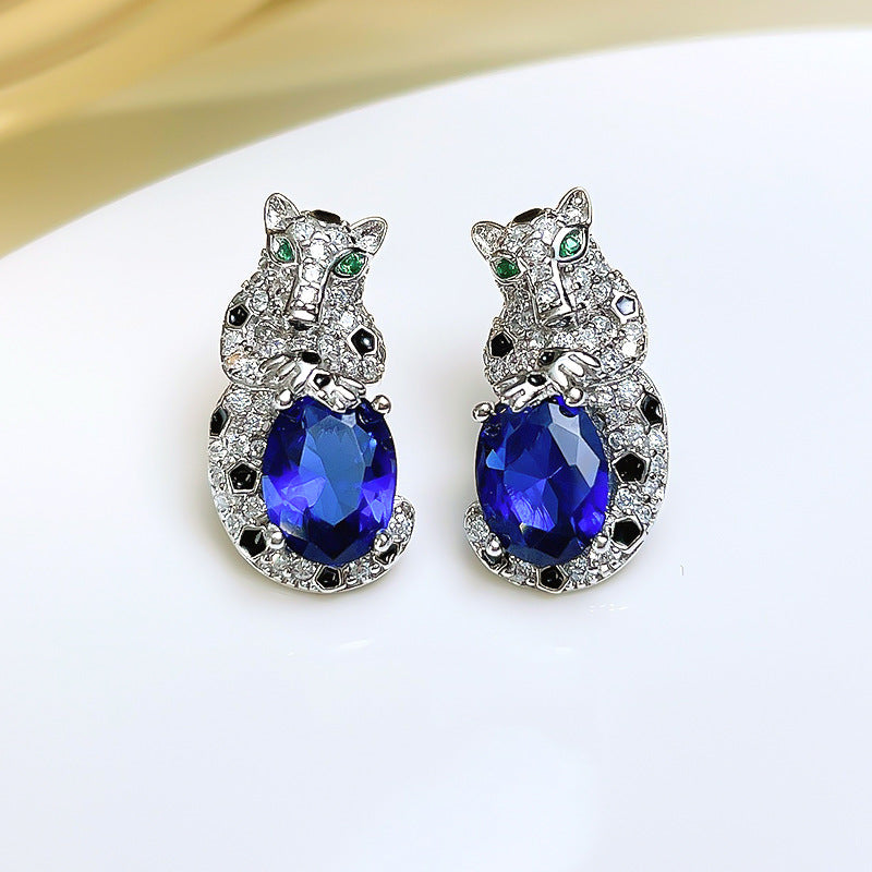 Retro Colored Gems Leopard High Carbon Diamond Light Luxury Earrings