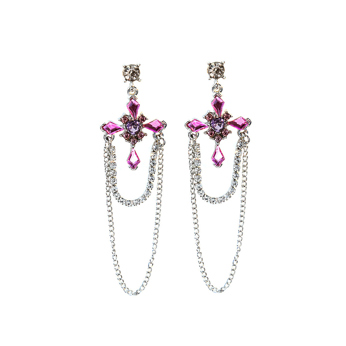 Pink Diamond Cross Light Luxury Square Chain Earrings