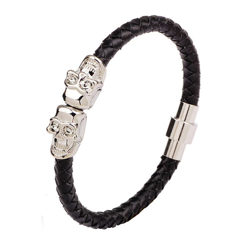 Men's Woven Leather Skull Alloy Trendy Bracelet