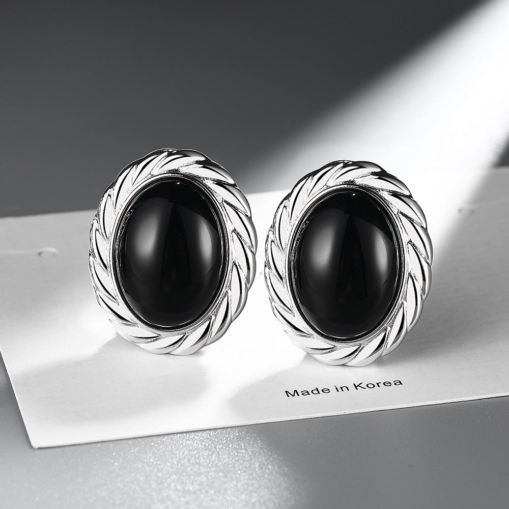 Retro Natural Black Agate Oval Twist Special Interest Earrings