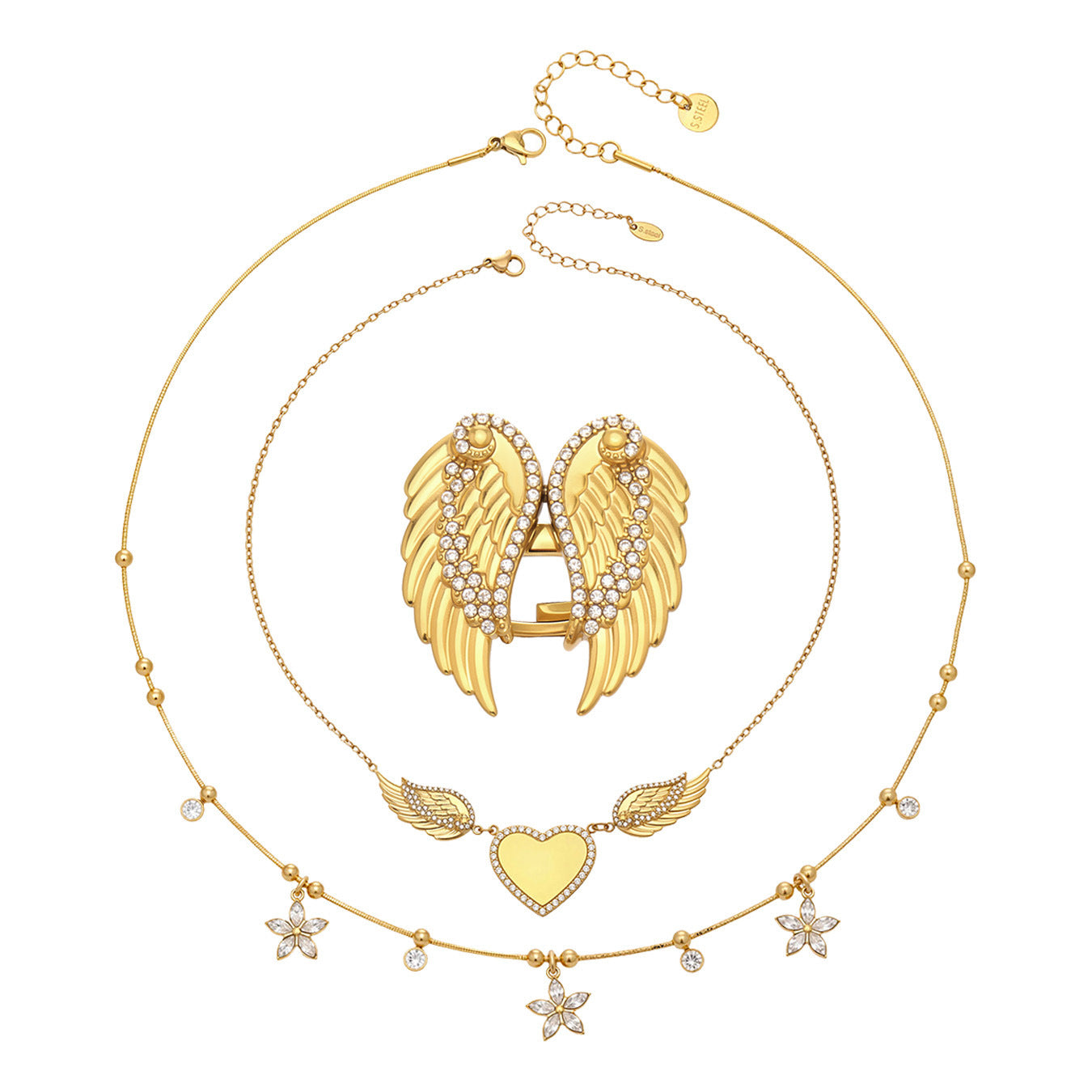 Steel Diamond Wings Double Heart Shape Clavicle Adjustable Opening Super Jewelry Set