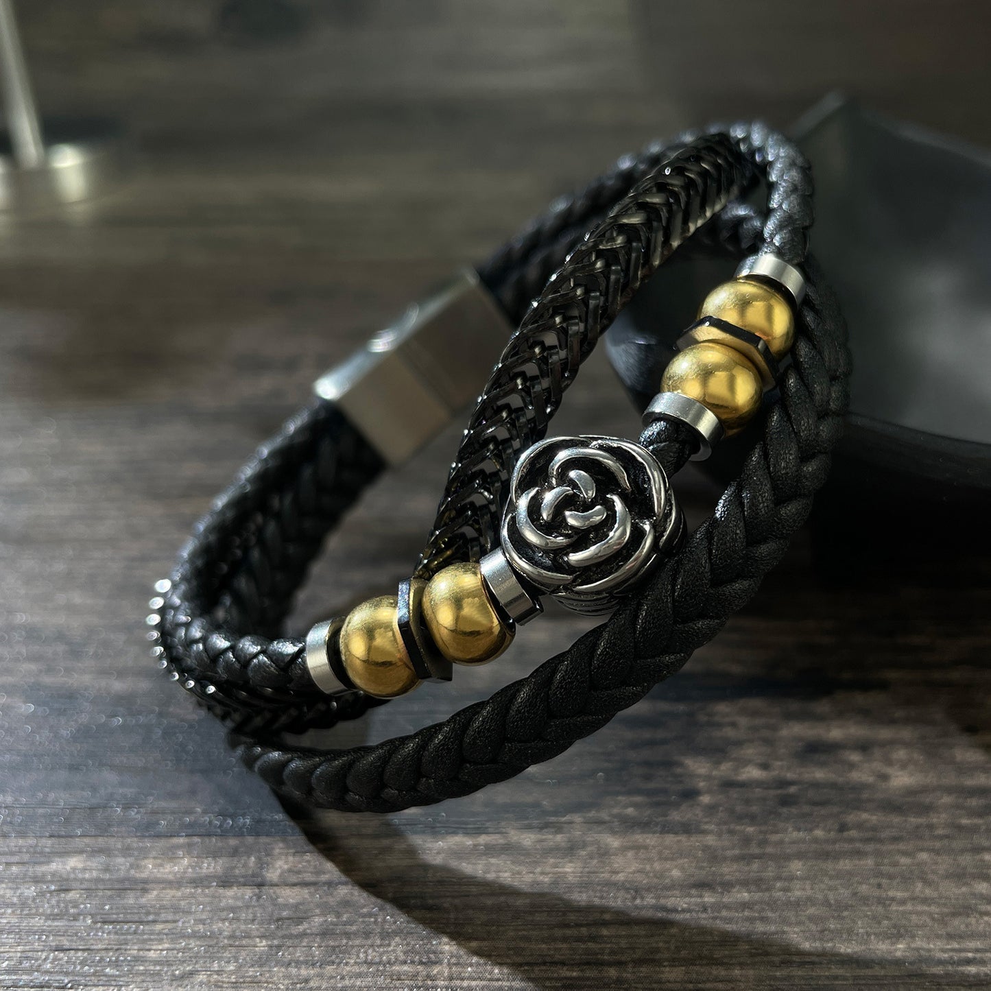 Men's Leather Stainless Steel Retro Punk Woven Bracelets
