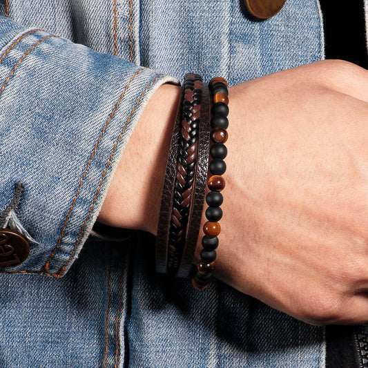 Men's Natural Tigereye Beaded Hand-woven Leather Bracelets