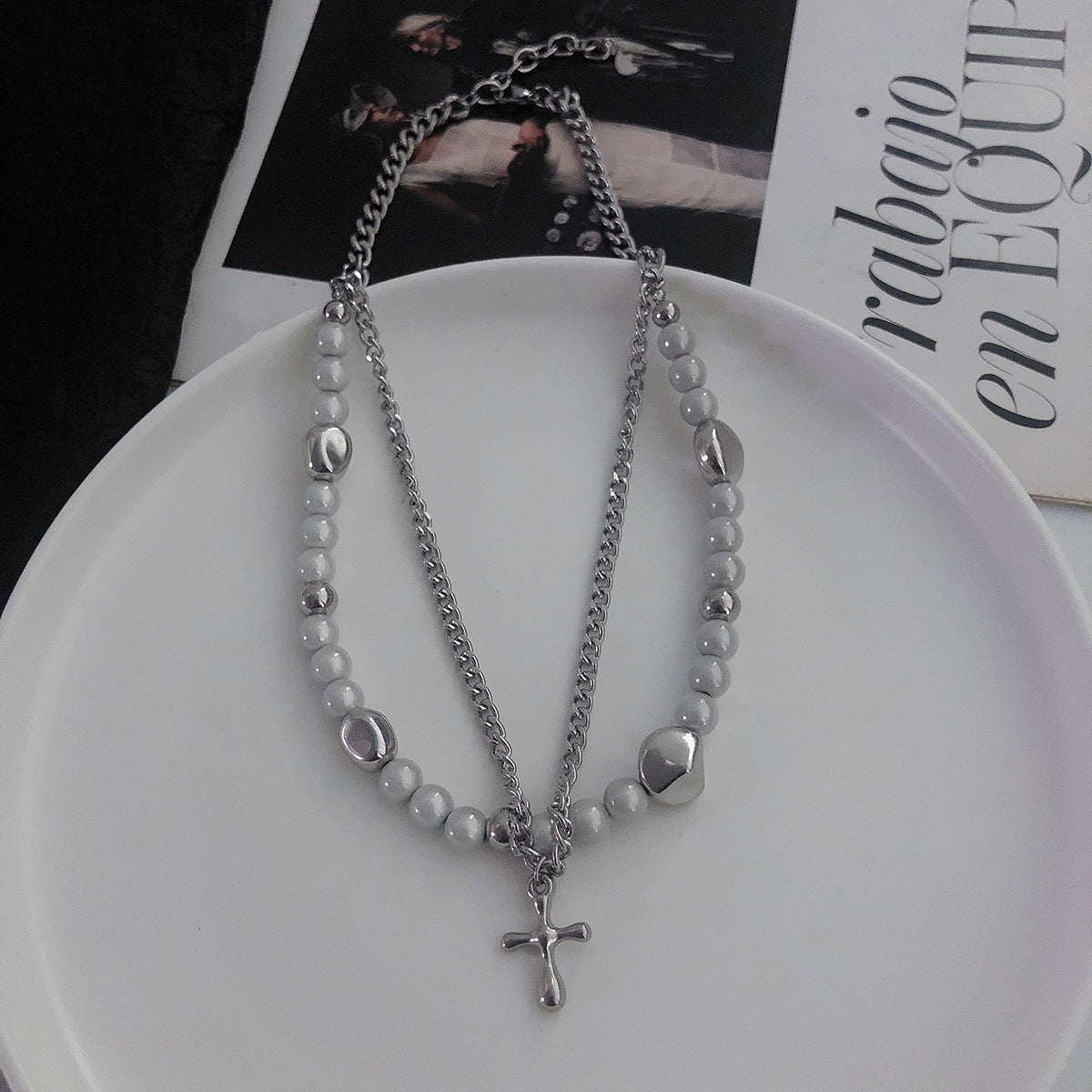 Cross Pendant Female Reflective Pearl Stitching Double Layer High Necklaces