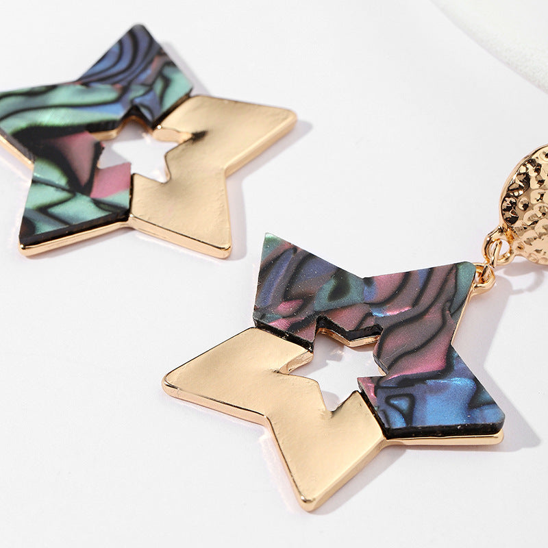 Daily Colorful Five-pointed Star Hollow Out Stitching Pendant Earrings