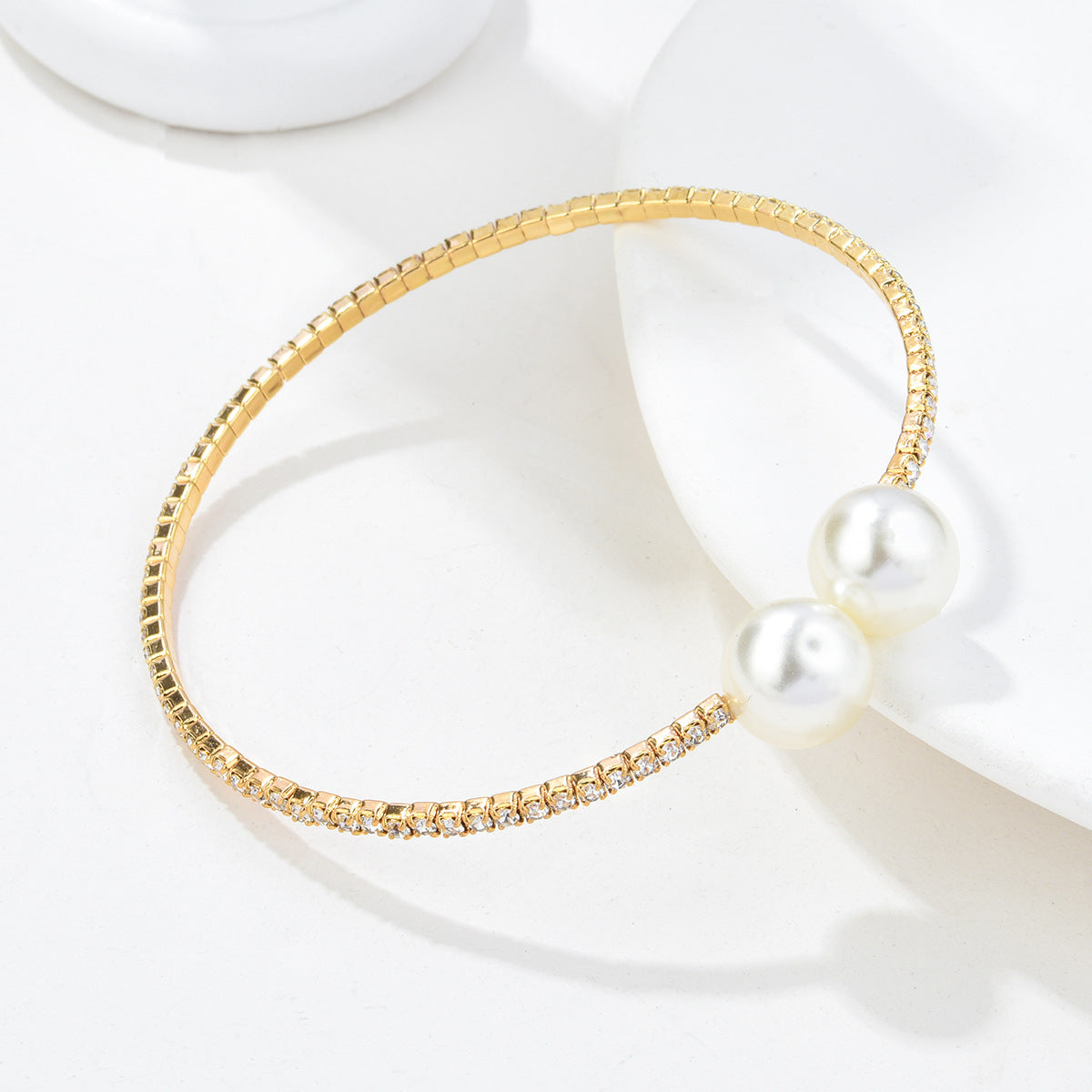 Fashion Bridal Elegant Shiny Rhinestone Pearl Single Row Hand Bracelet